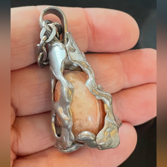 Danish Design SMYK brutalist necklace carnelian agate silver metal 25” chain - Picture 4 of 16